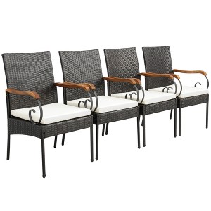 Costway Patio PE Wicker Chairs Acacia Wood Armrests with Soft Zippered Cushion Garden - 1 of 4