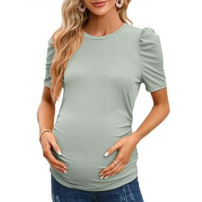 Women's Floral Puff Sleeve Ruched Side Tunic Blouses Shirts