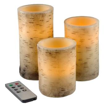 Flickering Flameless LED Candles with Birch Bark- Set of 3 Battery Operated Real Wax Pillar Candles with Remote Control and Timer by Lavish Home