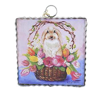 Round Top Collection French Lop Basket Mini Print  -  One Mini Frame 7.0 Inches -  Bunny Rabbit Easter Flowers  -  E22064  -  Wood  -  Pink