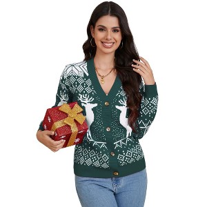 Coolmee Ugly Christmas Cardigan Sweaters for Women V Neck Button Down Sweaters Open Front Knit Cardigan Funny Sweater - 1 of 4