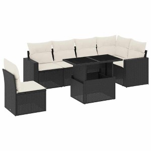 vidaXL 7 Piece Patio Sofa Set with Cushions - Black and Cream Poly Rattan - 1 of 4