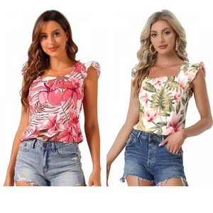 INSPIRE CHIC Women's Tropical Floral Printed Square Neck Ruffle Sleeve Tank Top 2 Packs - 1 of 4