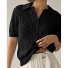 Women's Cable Short Sleeve Sweaters Tops Solid Lapel V Neck Cable Knit Casual Soft Pullover Shirt - 2 of 4