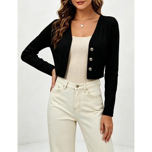 Women Textured V Neck Long Sleeve Crop Cardigan 3 Metal Button