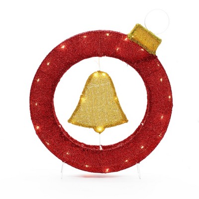 LuxenHome 1.9Ft Tall Ornament and Bell Wreath Outdoor Holiday Decoration with Lights Red