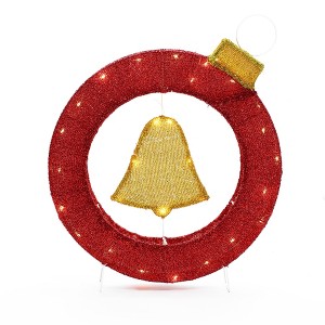 LuxenHome 1.9Ft Tall Ornament and Bell Wreath Outdoor Holiday Decoration with Lights Red, Gold, White - 1 of 4