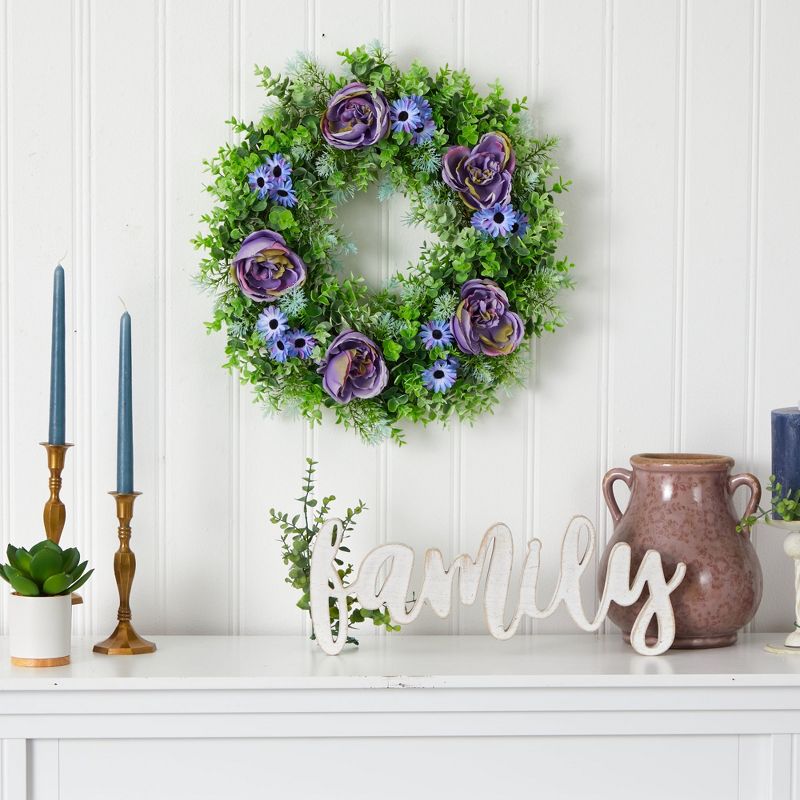 Nearly Natural 22” Purple Rose, Blue Daisy and Greens Artificial Wreath, 3 of 5