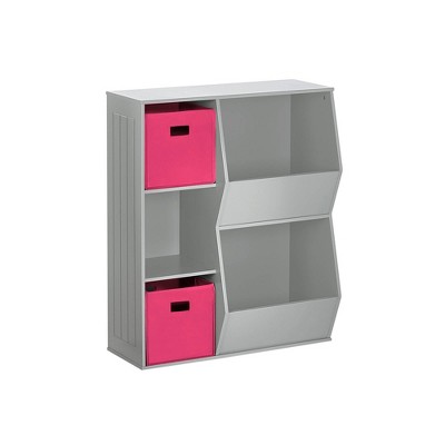 RiverRidge Kids' Playroom Toy Organizer and Bookcase with 3 Cubbies and 2 Veggie Storage Bins with 2 Fabric Bins