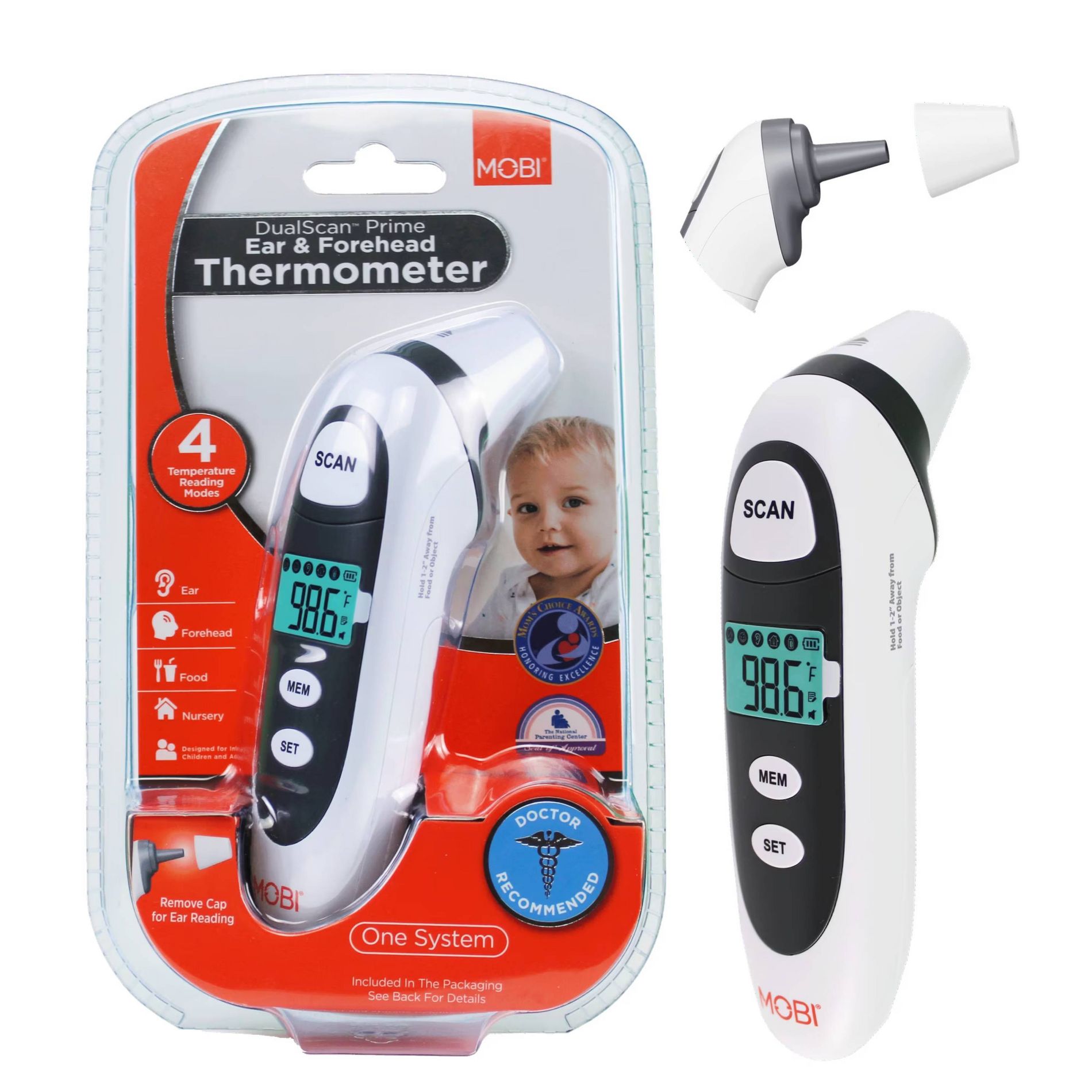 MOBI DualScan Prime Digital Thermometer: Acrylic, Battery-Powered Health Device for Ear & Forehead Use