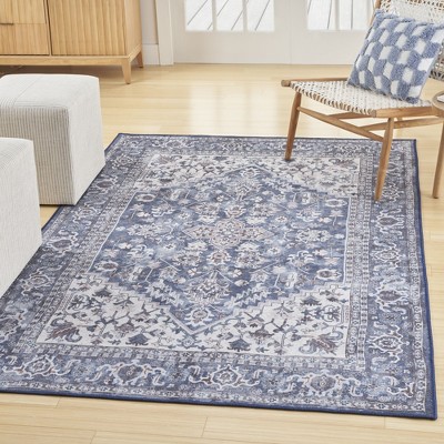 Navy Ivory Floral 6' x 9' Cotton Chenille Area Rug