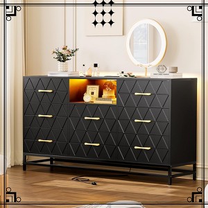 Modern 8-Drawer Black Dresser with LED Lights, Charging Station, and TV Stand for Bedroom or Living Room, Black - 1 of 4
