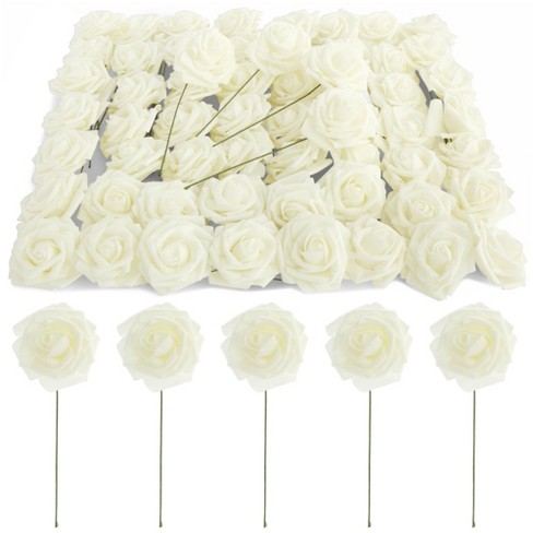 Bright Creations 60 Pack Artificial Rose Flowers Heads with Stems, White 3  Faux Fake Flowers for Party Decorations