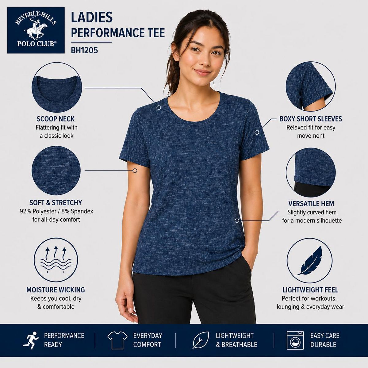 Beverly Hills Polo Club Women's 5-Pack Performance T-Shirt (S-XL) - thumbnail 4