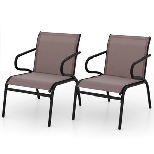 Costway Patio Chairs Set of 2/4/6 with Breathable Fabric & Metal Frame Armrests for Poolside Brown/Gay - 1 of 4