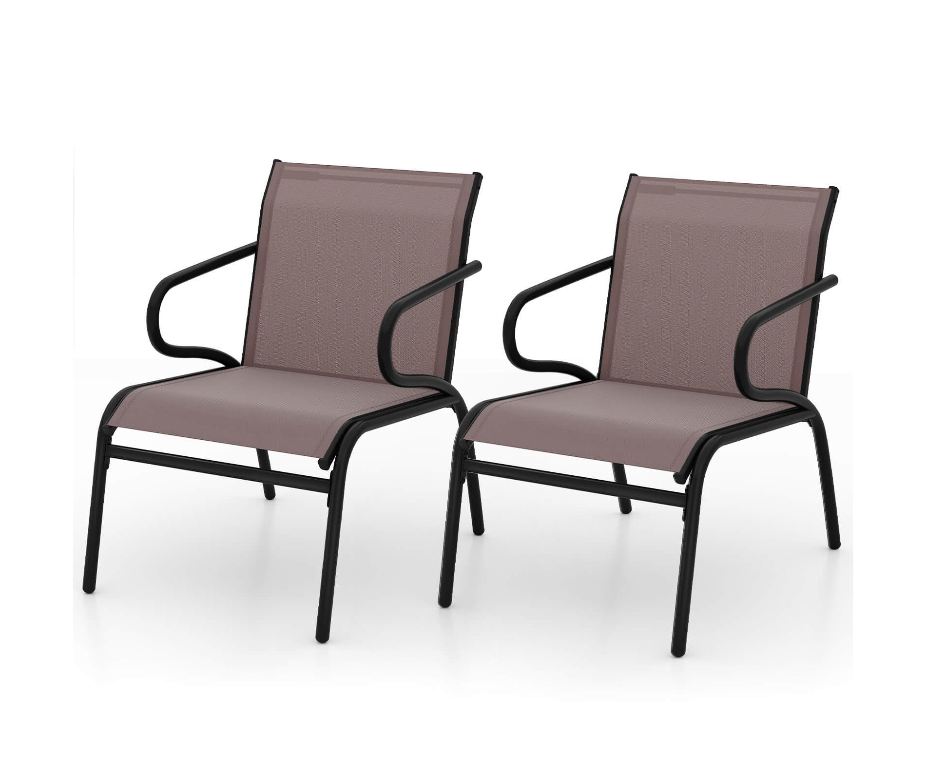 Costway Patio Chairs Set of 2 with Breathable Fabric & Metal Frame Armrests for Poolside Brown