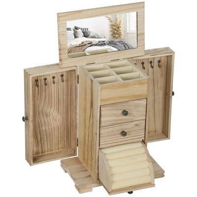 HOMCOM 4-Tier Wooden Jewelry Box for Women, Large Jewelry Organizer with Mirror and 2 Drawers for Rings Earrings Necklaces Bracelets, Brown