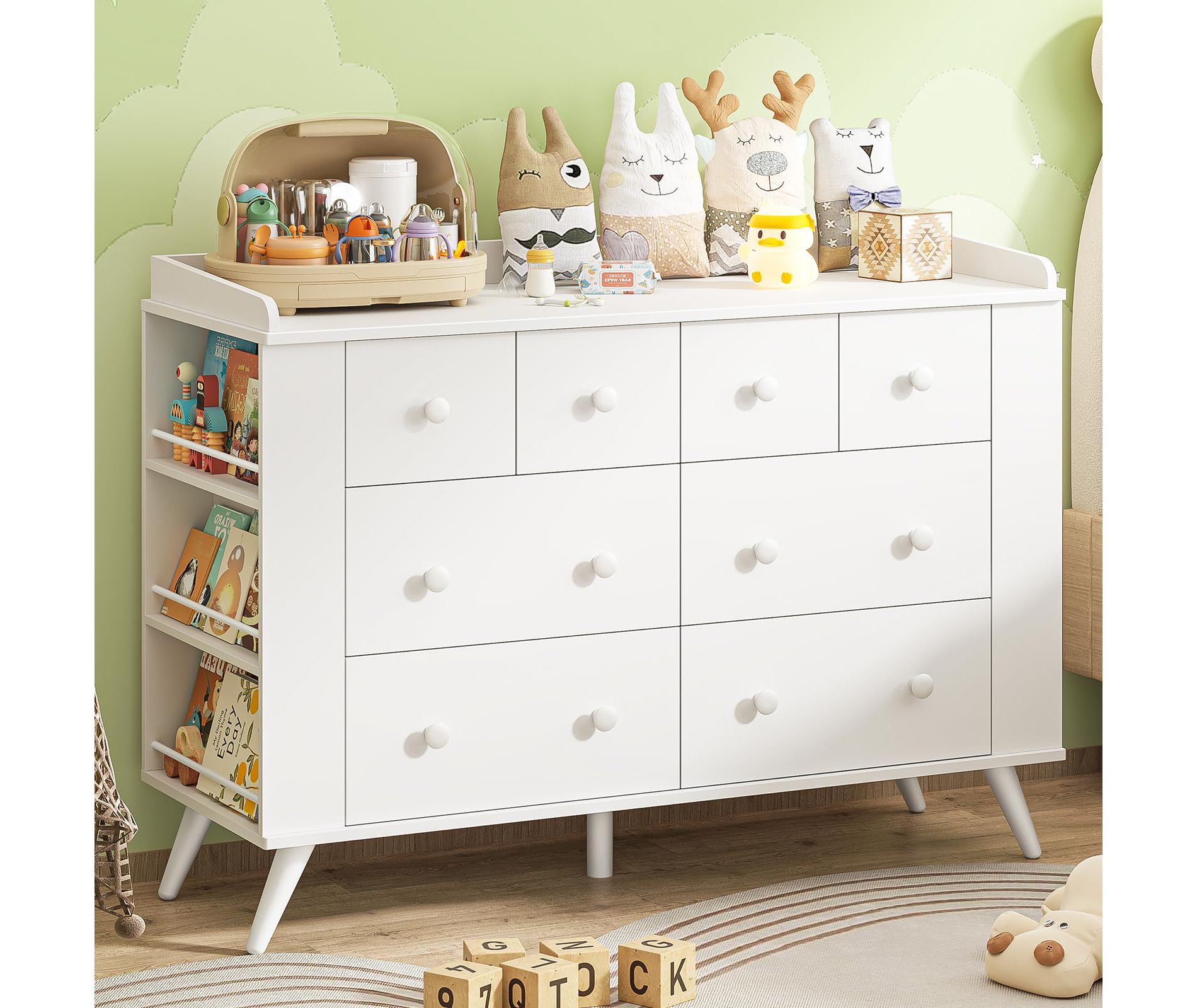 Kids Dresser Cabinet with 8 Drawers & Open Shelving, Changing Table for Nursery, Baby Dresser, White