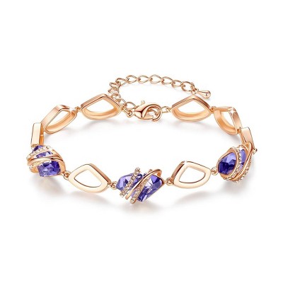 Leafael Wish Stone Birthstone Crystal Link Charm Bracelet, Rose Gold or Silver Plated, 7"+2" Adjustable Chain, Tanzanite Purple for February
