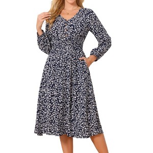 Seta T Women's Fall Casual Long Sleeve V Neck Midi Floral Boho Flowy Dress Large Navy Blue