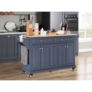 ORRD Kitchen Island with Rubber Wood Countertop, 5 Wheel Cart with Storage Cabinet & Drawers for Dining Room，Grey - 1 of 4