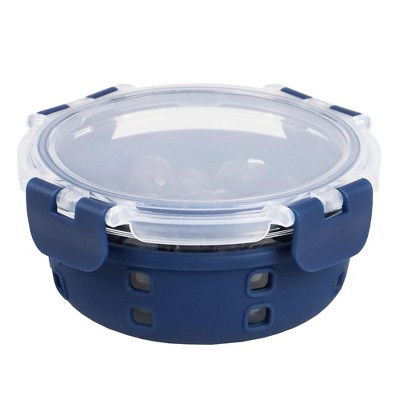 Michael Graves Design Round 13 Ounce High Borosilicate Glass Food Storage Container with Plastic Lid, Indigo