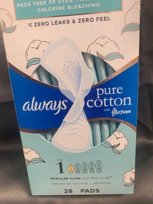 Always Pure Cotton Feminine Pads With WIngs, Size 4, Overnight Absorbency,  20 CT 