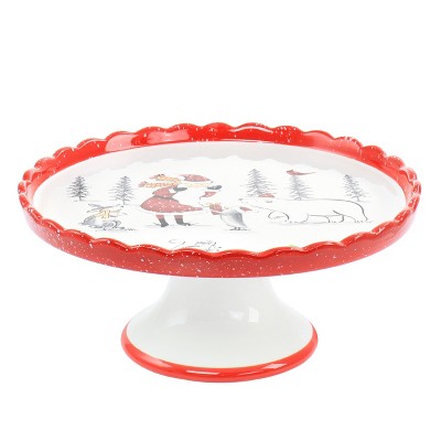 Gibson Home Wonderful Eve 12 Inch Durastone Footed Cake Stand in Red