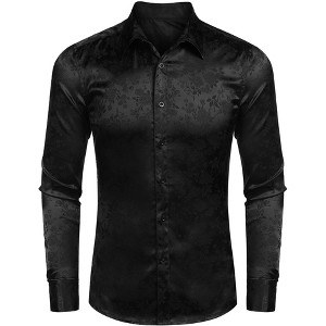 COOFANDY Men's Silk Satin Jacquard Long Sleeve Floral Button Up Shirts - 1 of 4