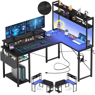 Aheaplus L Shaped Desk with Charging Staion and LED Light, Corner Desk with Hutch and Monitor Stand