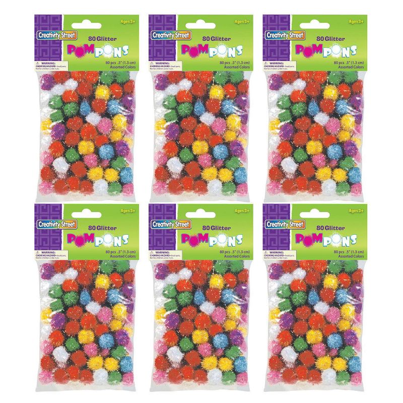 Creativity Street® Glitter Pom Pons, Assorted Colors, 1/2", 80 Per Pack, 6 Packs, 1 of 3