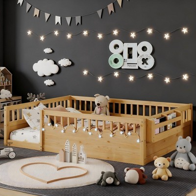 Full Size Montessori Floor Bed Frame with High Rails & Light & Storage Shelf