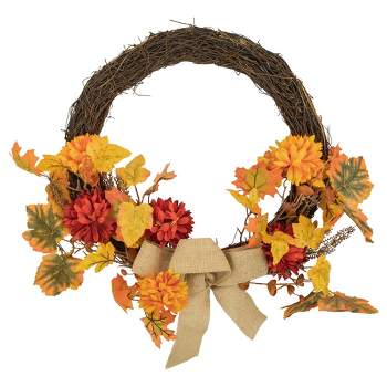 Northlight 20" Fall Foliage with Mum Flowers Artificial Thanksgiving Twig Wreath - Unlit