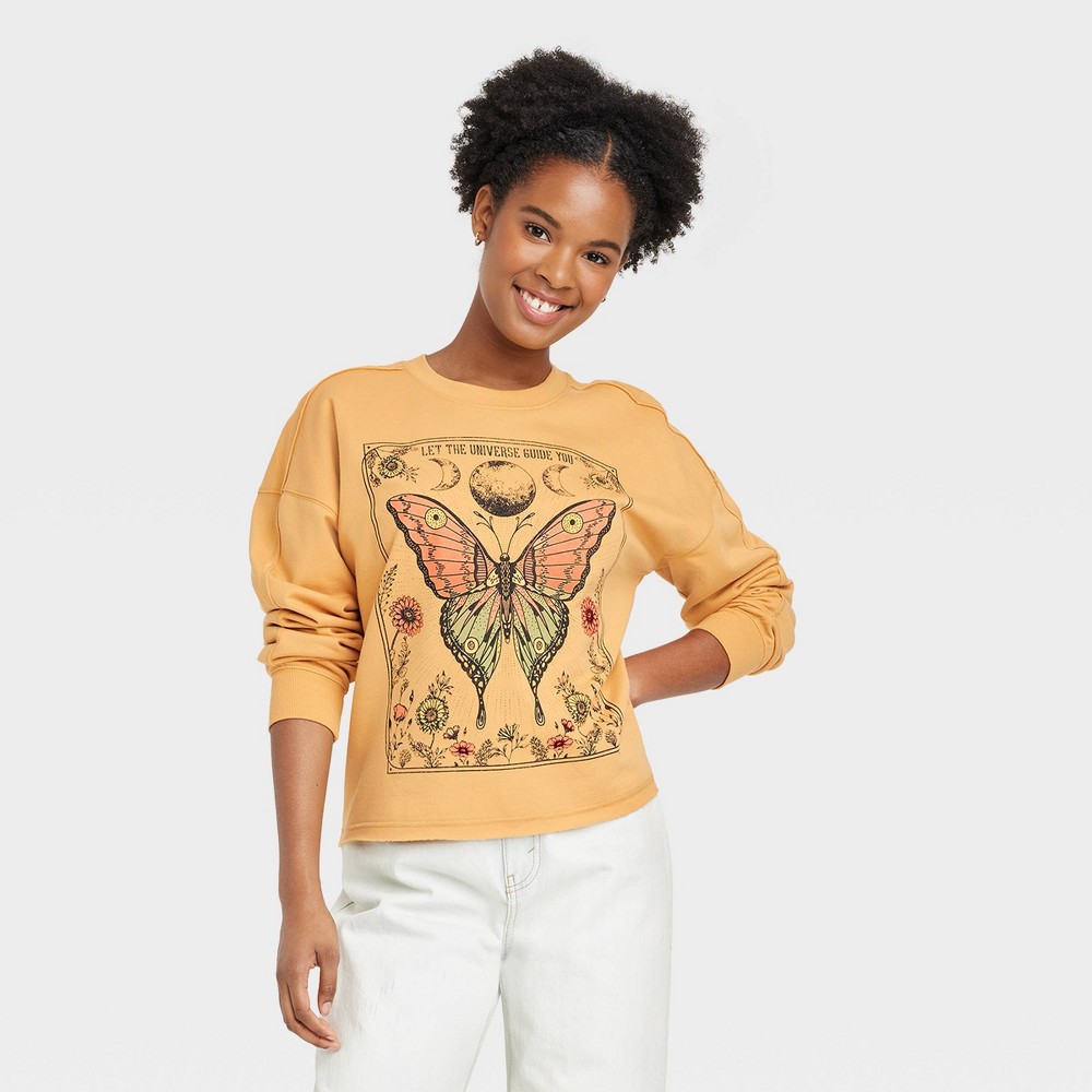 Size X Small Women's Butterfly Tarot Card Graphic Sweatshirt - Yellow XS