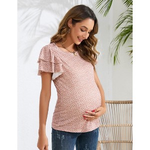 Coolmee Women's Maternity Shirts Nursing Tops Flying Short Sleeve Breastfeeding Tees Lightweight Side Ruched Pregnancy Clothes L Pink Printing - 1 of 4