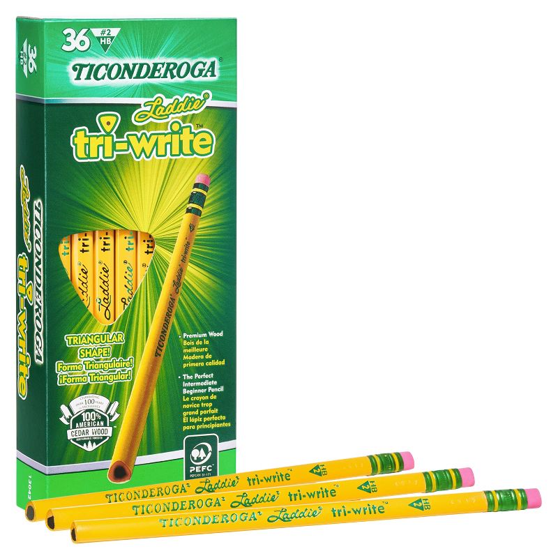 Ticonderoga Laddie TriWrite Triangular Pencils with Erasers, Yellow, Pack of 36, 2 of 5