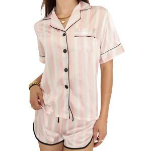 Anna-Kaci Lounge Women's Polka Dot Satin Pajama Set with Short Sleeve Button Top and Drawstring Shorts - 1 of 4