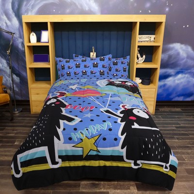 3 Pcs Twin Microfiber All-season for Kids Monster Pattern Comforter Bedding Sets Black + Blue - PiccoCasa