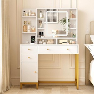 Makeup Vanity Desk with Mirror and Lights, 25.6" HD Lighted Mirror Dressing Table with 3 Drawers, 8 Shelves, for Bedroom Dressing Room- White - 1 of 4