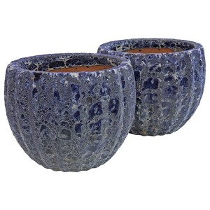 Sunnydaze Fluted Lava Finish Ceramic Planter - Dark Blue - 10" Round - Set of 2 - 1 of 4