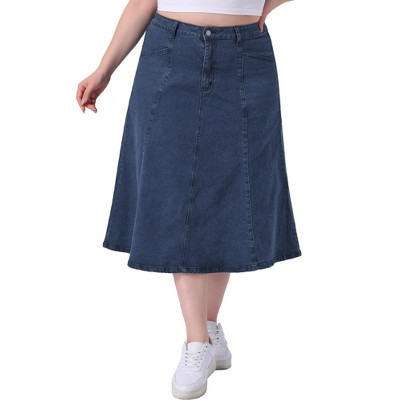 Agnes Orinda Women's Plus Size Vintage High Waist with Pocket Casual A-Line Midi Denim Jean Skirts