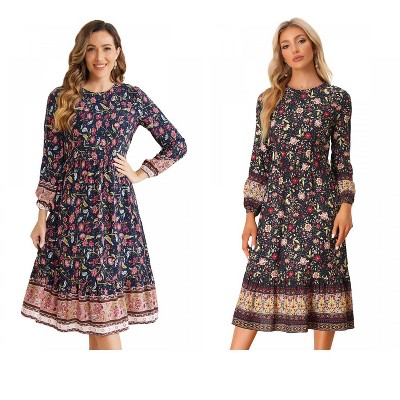 INSPIRE CHIC Women's Boho Crew Neck Floral Long Puff Sleeves Midi Dress 2 Packs