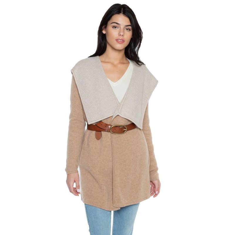 JENNIE LIU Women's 100% Pure Cashmere Long Sleeve 2-tone Double Face Cascade Open Cardigan Sweater, 1 of 6
