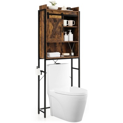 Tangkula Over The Toilet Freestanding Storage Rack Bathroom w/ Slipping Barn Door
