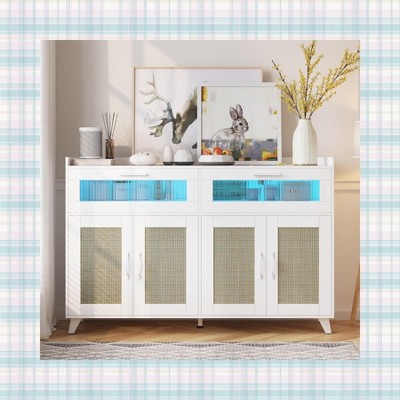 Garvee Sideboard Buffet Cabinet with Power Outlet & LED Light -with 2 Fluted Acrylic Drawers & 4 Rattan Doors