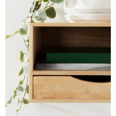 Natural Wood Floating Shelf with Drawer and Cubby