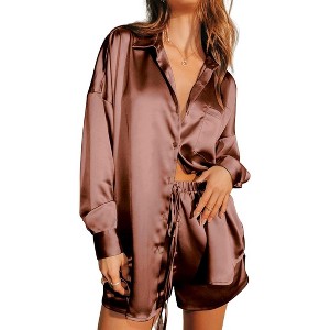 Ekouaer Womens 2 Piece Satin Pajama Set Long Sleeve PJs Sets Button Down Lounge Sets Soft Sleepwear Set - 1 of 4