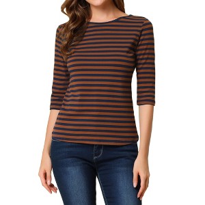 INSPIRE CHIC Women's Elbow Sleeves Boat Slim Fit Casual Stripe Animal Print Multi Floral Pattern T-Shirt - 1 of 4