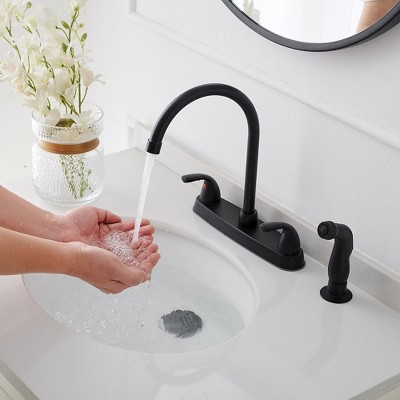 Matte Black Double Handle Bridge Kitchen Faucet with Pull-out Spray