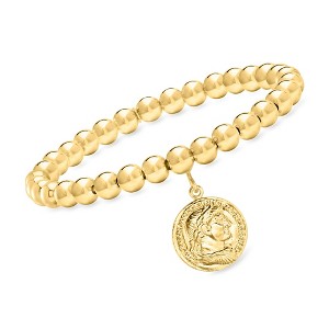 Ross-Simons Italian 6mm 18kt Gold Over Sterling Stretch Bead Bracelet With Replica Lira Coin Charm - 1 of 3